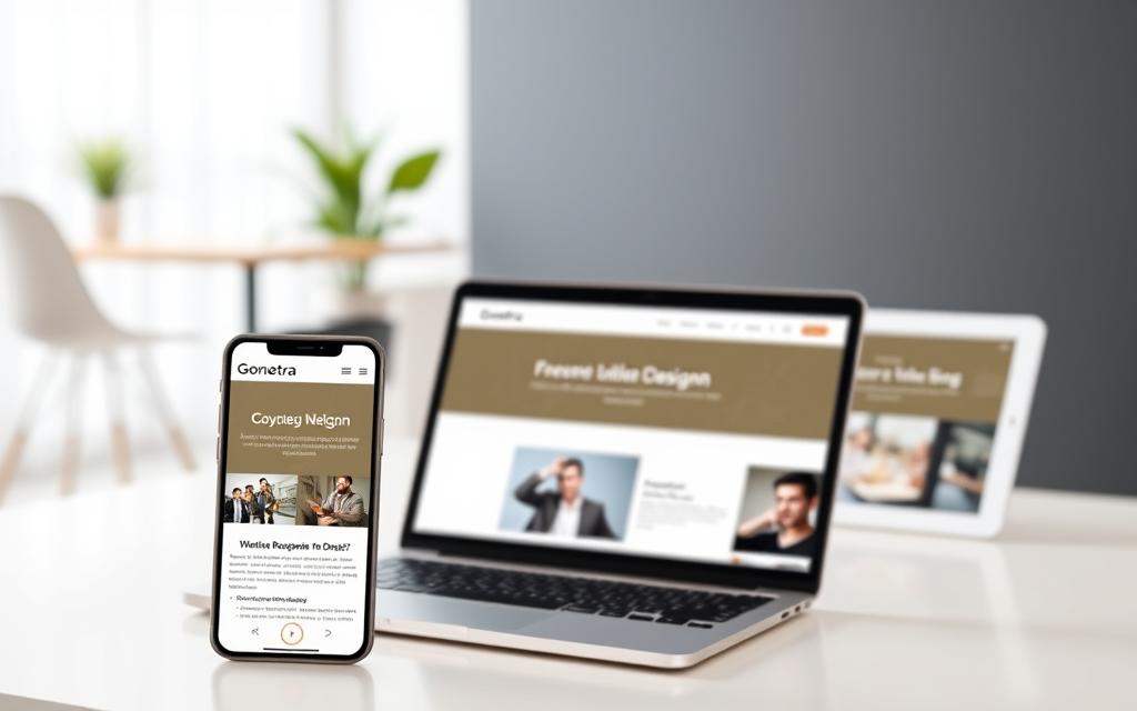A sleek and modern website design showcasing the principles of responsive design. In the foreground, a smartphone and a laptop display the Gonetra brand's website, seamlessly adapting to different screen sizes. The middle ground features a tablet, also displaying the responsive website. In the background, a clean and minimalist workspace with desk, chair, and potted plant, bathed in soft, natural lighting. The overall atmosphere conveys a sense of efficiency, professionalism, and a user-centric approach to web design.